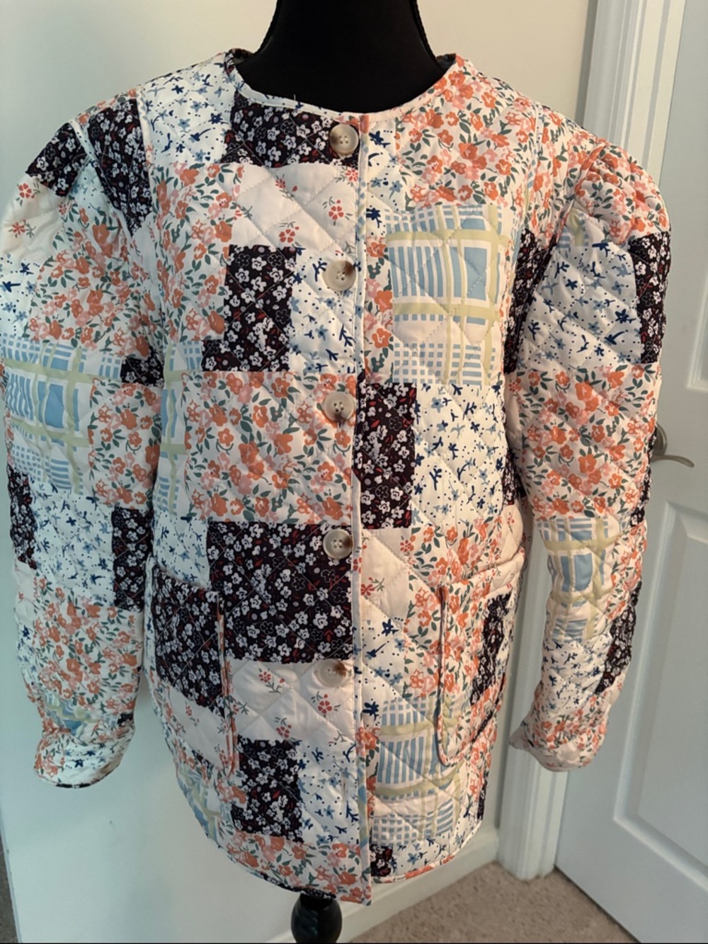 Quilted Floral Patchwork Jacket - Peach & Navy